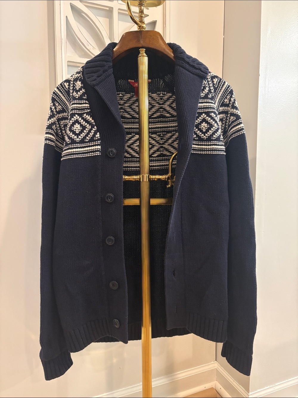 Mens Size S Arizona Jean Company Navy and White Shawl Collar Cardigan
